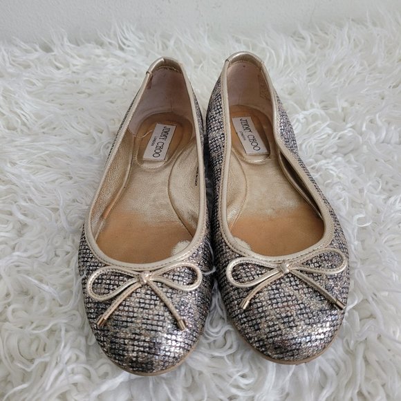 Jimmy Choo Gold Glitter Bow Ballet Size 36 1/2 - Picture 1 of 11